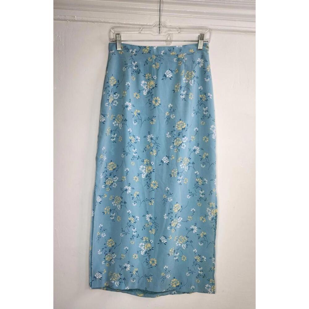 Christopher & Banks Skirt Womens 4 Blue Floral Midi Long Side Slit Back Zip